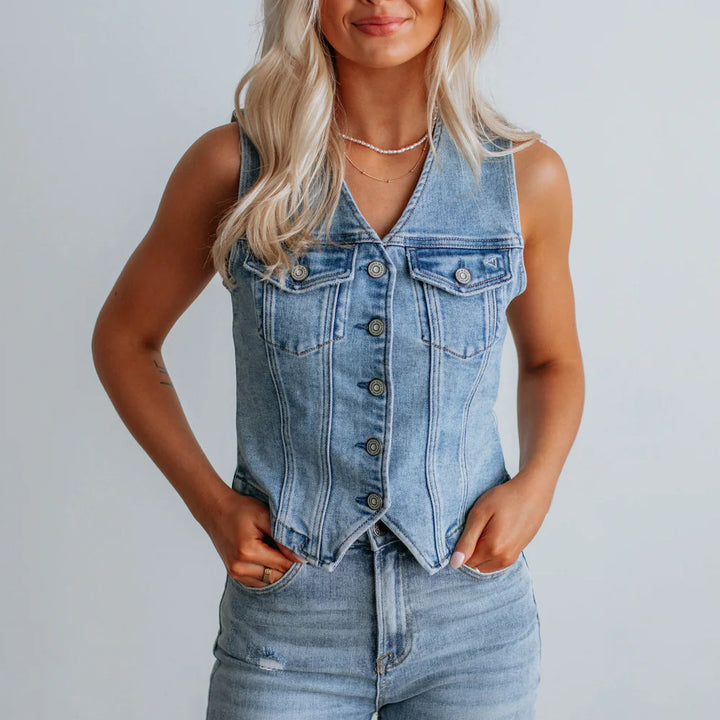 Dame Denim Vest med knaplukning og moderne skærramme Stilla