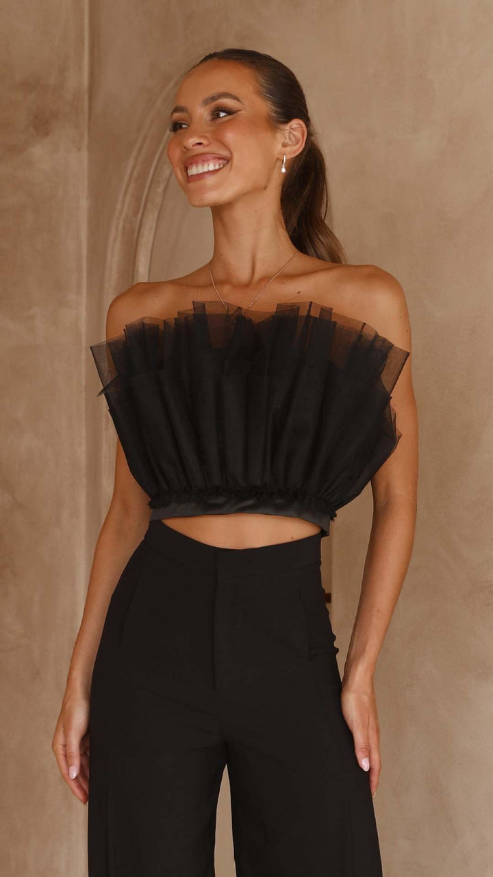 Dame cropped top med transparente flæsedetaljer Skovae