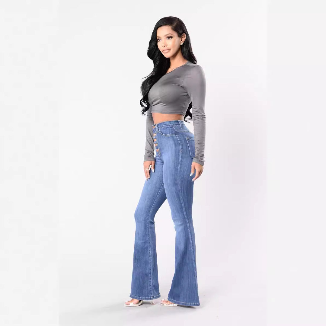 Kvindernes Høj Talje Flared Jeans med Dekorative Knapper Stilla