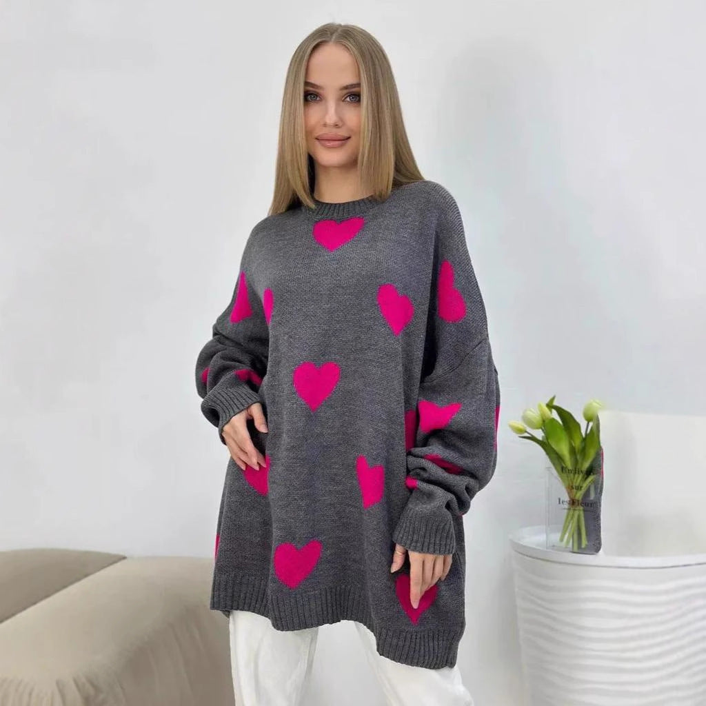 Dame grovstrik pullover med hjerte motiv og dropped shoulders Stilla