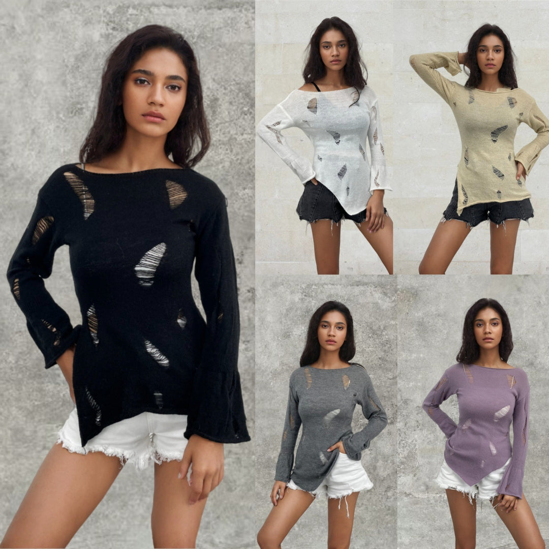 Kvinders urbane ribstrikkede sweater med slidte detaljer Stilla