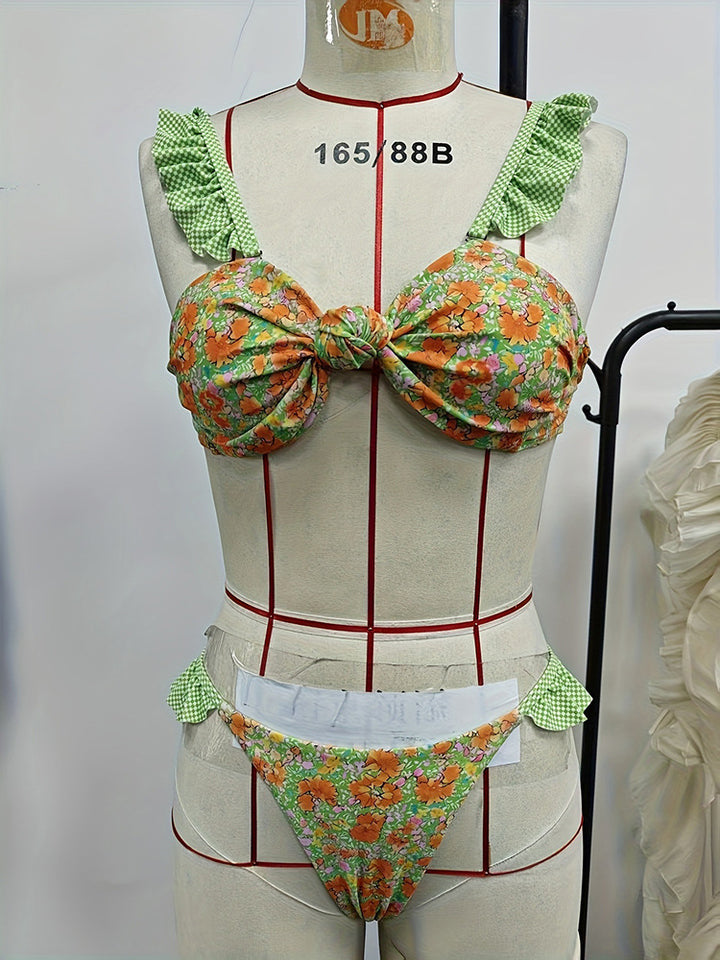 Dame Floral mønstret bikini med flæsedetaljer Skovae