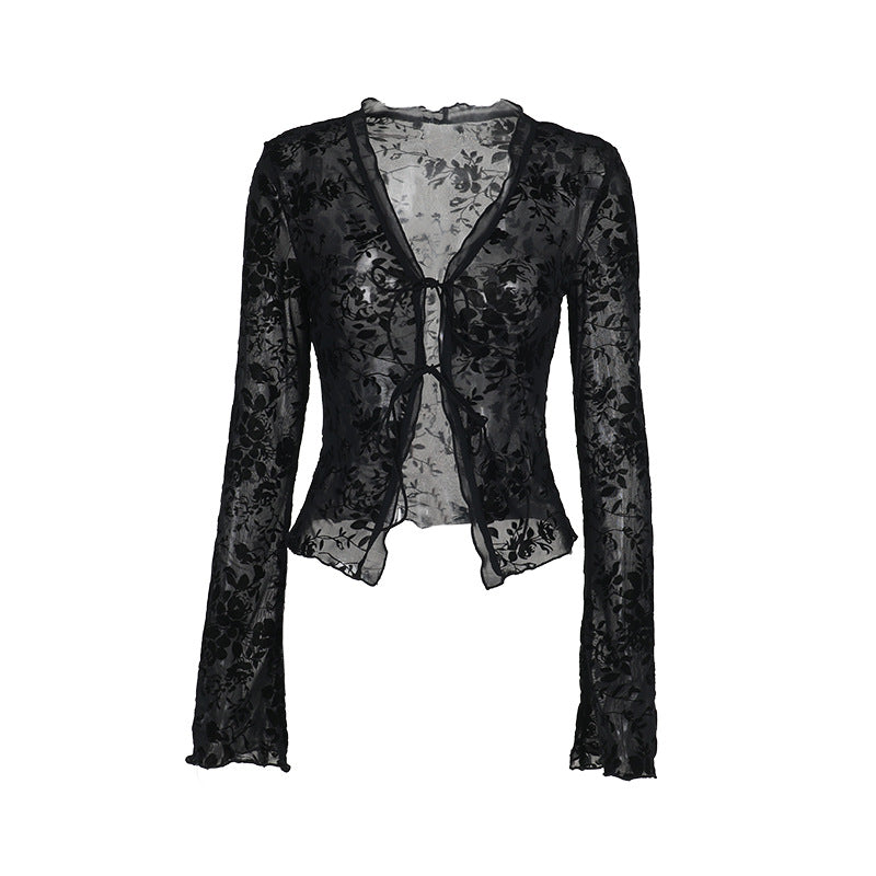 Dame Gennemsigtig Blonde top med blomstret design Skovae