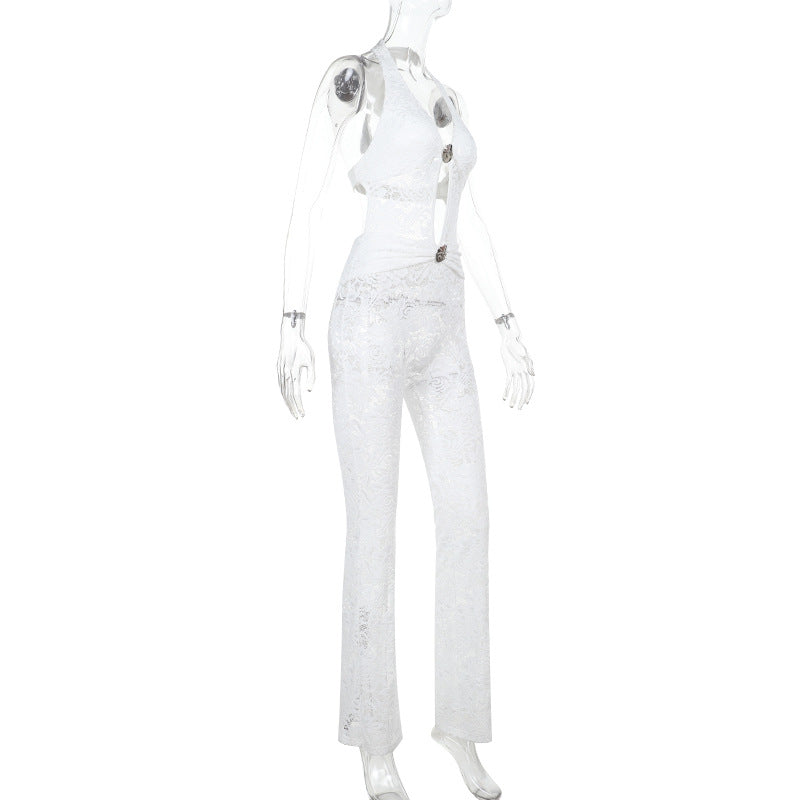 Dame jumpsuit med elegant spidsedetalje og dyb V-hals Skovae