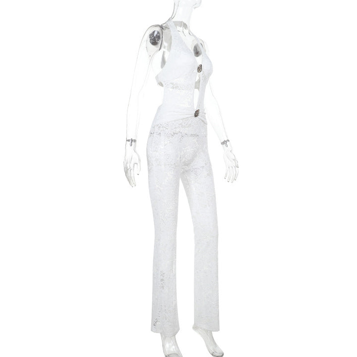 Dame jumpsuit med elegant spidsedetalje og dyb V-hals Skovae