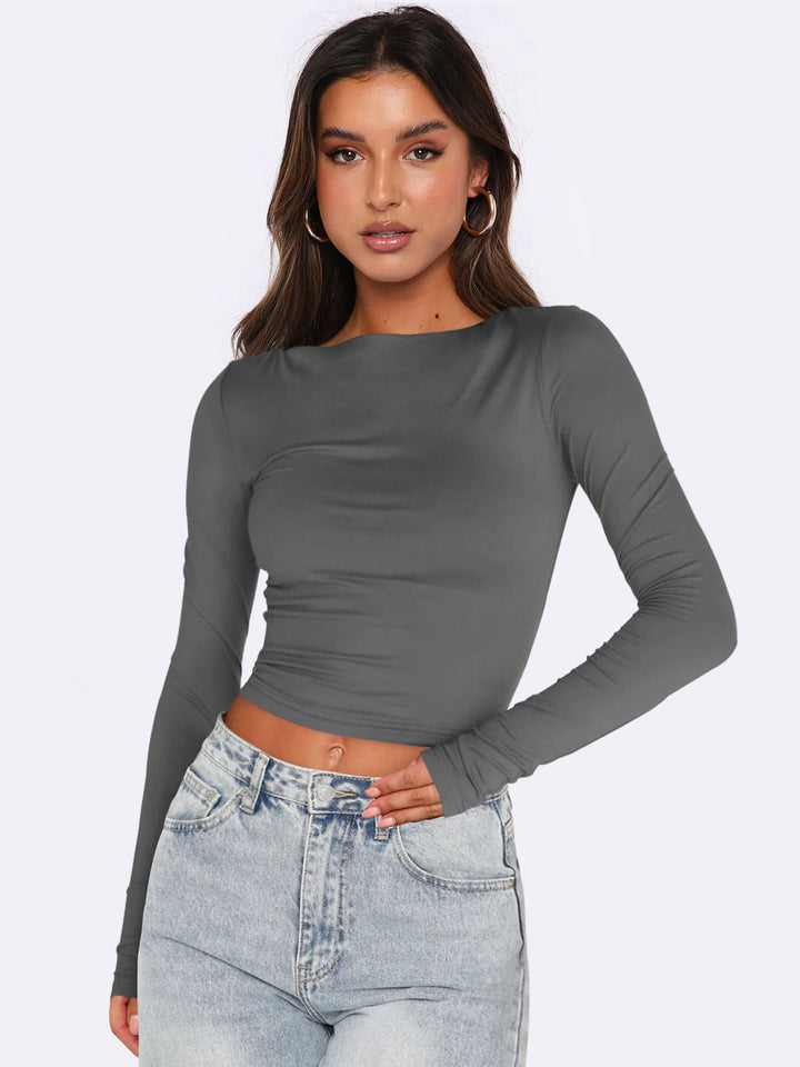Dame Langærmet Crop-Top med figursyet snit og strækbart materiale Stilla