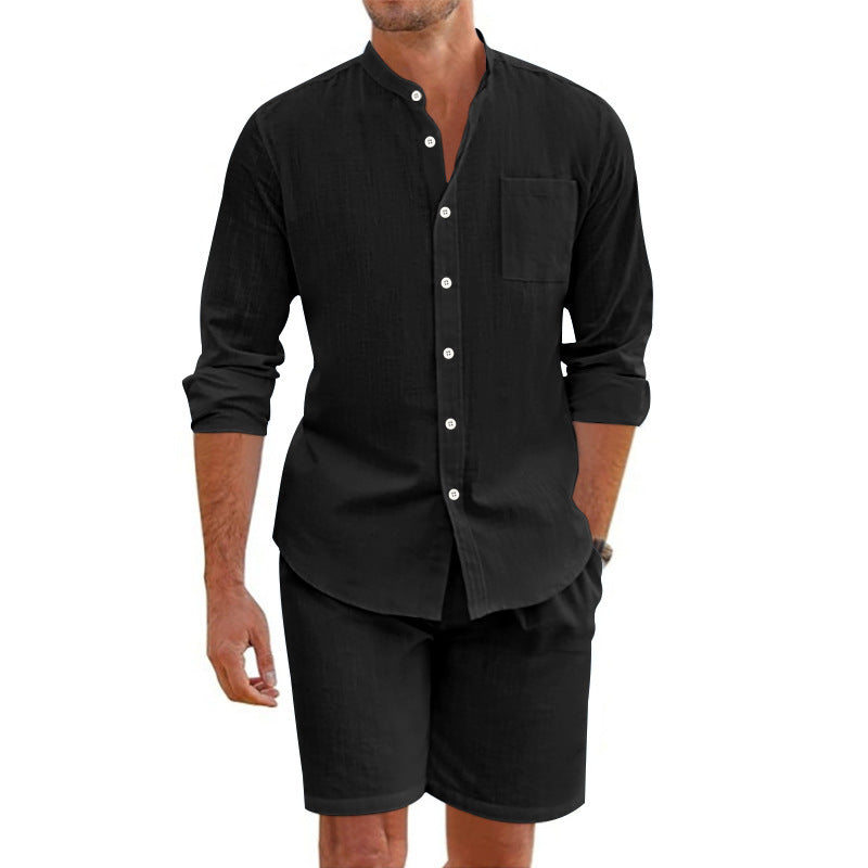 Herrernes Casual Skjorte og Shorts Sæt med åndbar Linnedstruktur Stilla