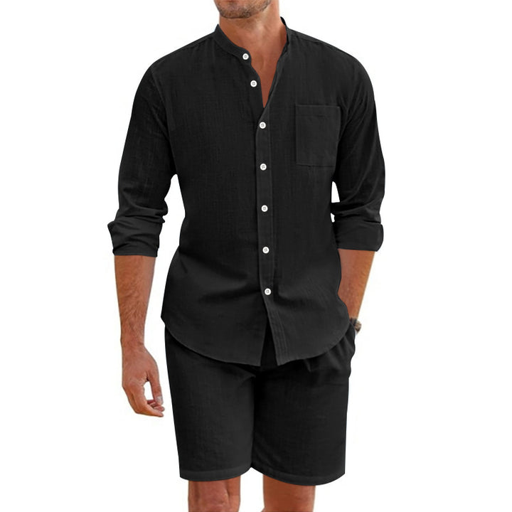 Herrernes Casual Skjorte og Shorts Sæt med åndbar Linnedstruktur Stilla
