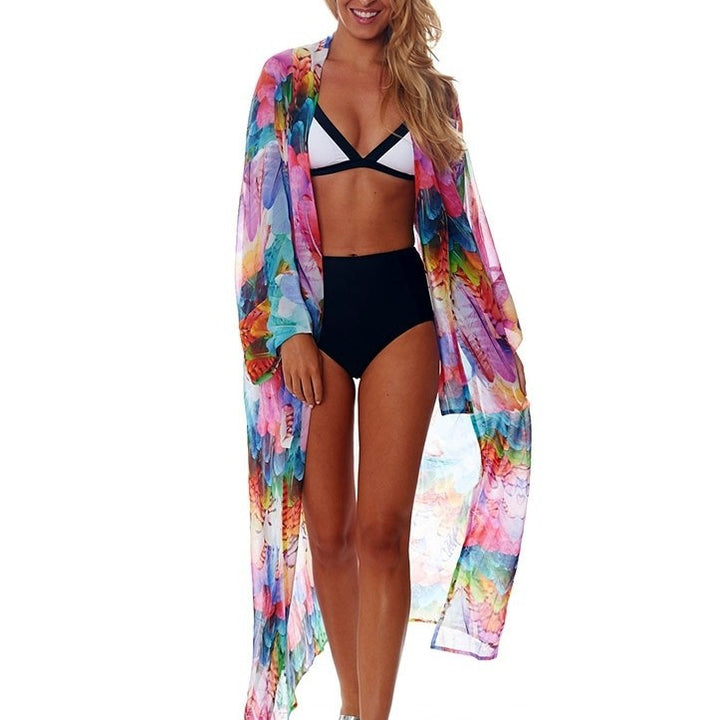 Dame strandkimono med farverigt fjerdesign Stilla