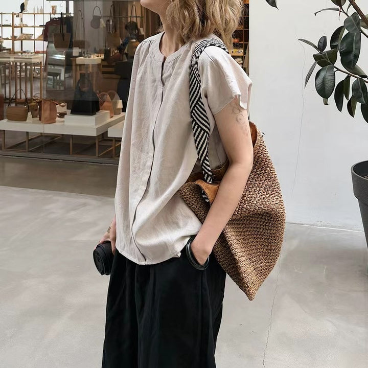 Femme Relaxed Fit Korte Ærmer Button-Up Linned Top Stilla