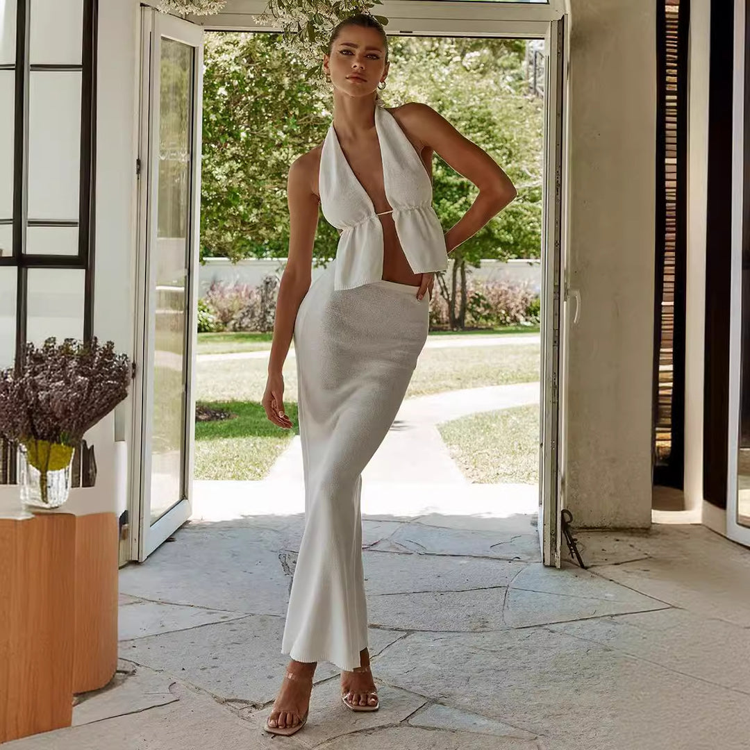 Dame elegant indpaknings-top med asymmetrisk design og matchende maxiskørt Skovae