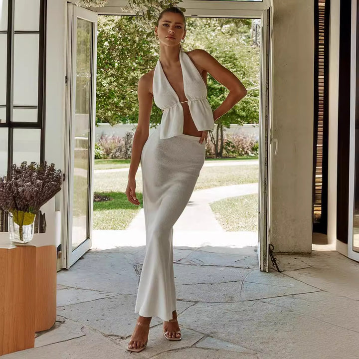 Dame elegant indpaknings-top med asymmetrisk design og matchende maxiskørt Skovae