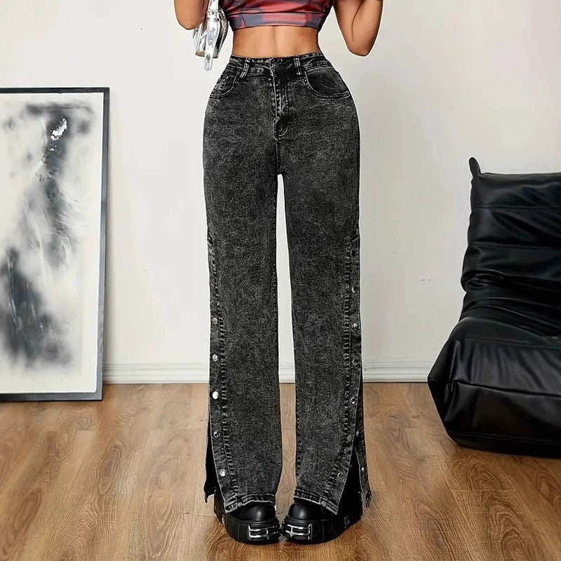 Dame Højtaljede Løse Denim-Bukser med Sidelæns Knapper Stilla