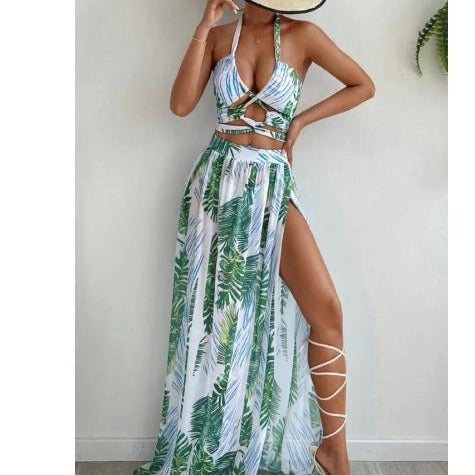 Dame Tropisk Print Maxi Kjole Sæt med Cut-Out Top Stilla