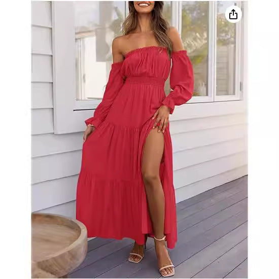 Dame maxikjole med off-shoulder design og voluminøse ærmer Stilla