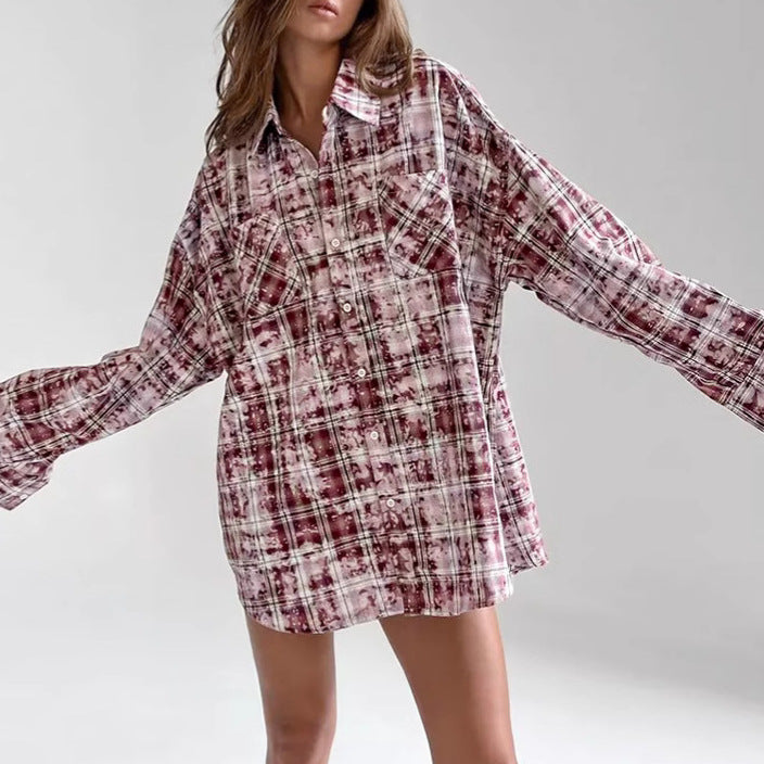 Dame Oversized Karo skjorte med brystlommer og afslappet snit Stilla