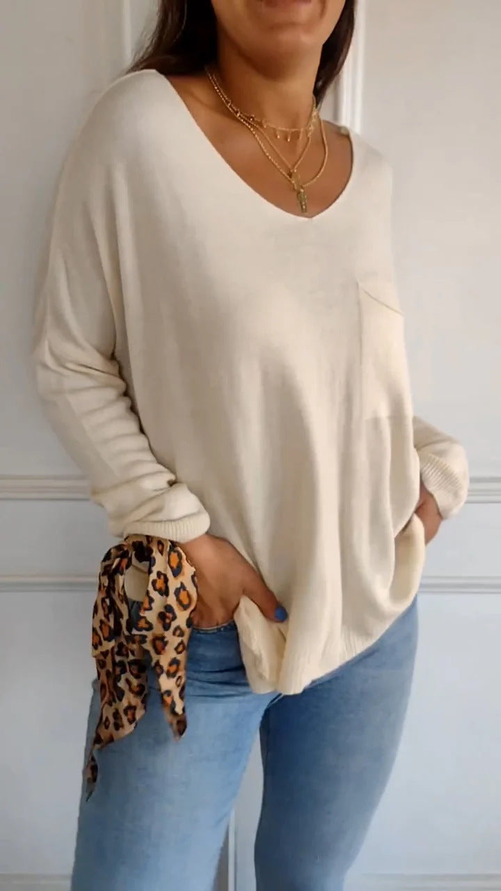 Stilla | Casual Ensfarvet Kvinder Rund Hals Lomme Langærmet T-shirt