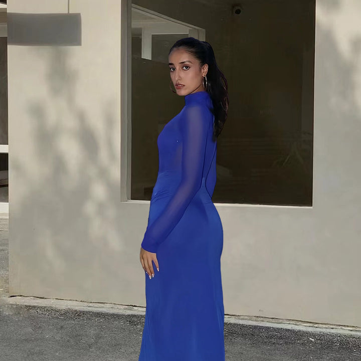 Dame elegant maxikjole med gennemsigtige ærmer og præcis drapering Skovae