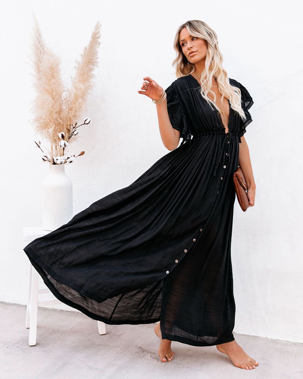 Femme Bohemian Maxi-kjole med vingerærmer og knapdetalje Stilla
