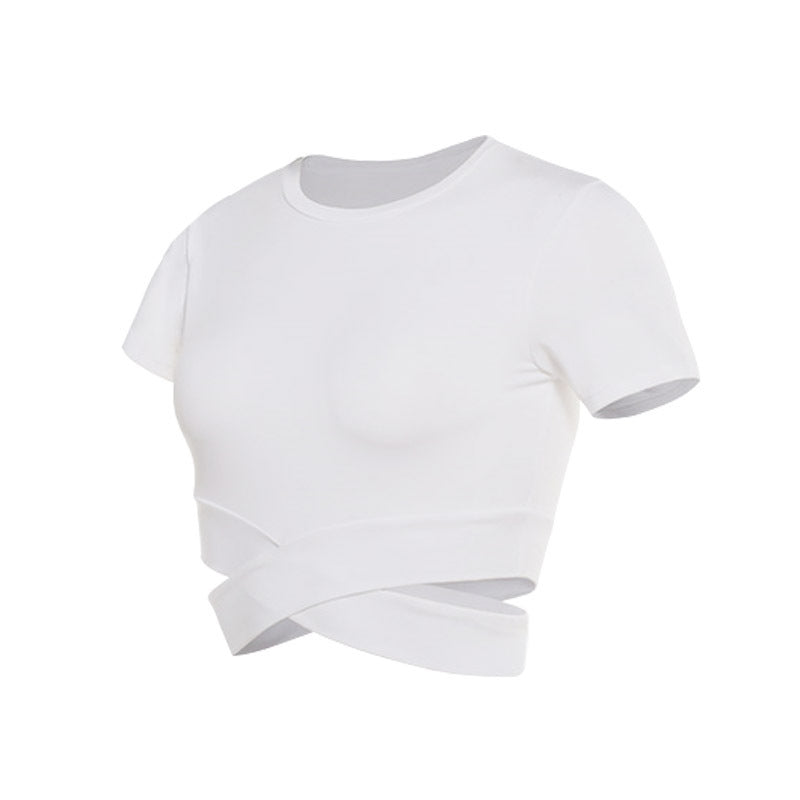 Dame kortærmet træning crop top med innovativ indpakningsoptik Skovae