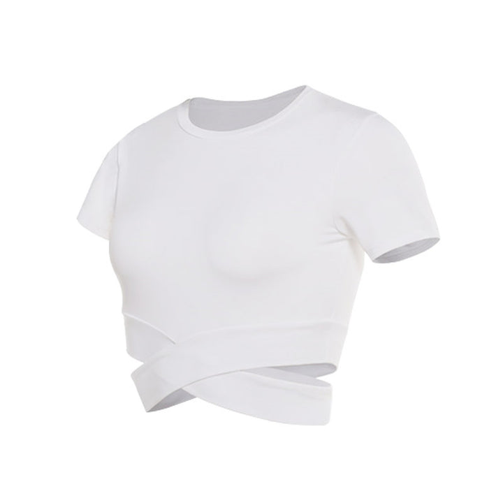Dame kortærmet træning crop top med innovativ indpakningsoptik Skovae