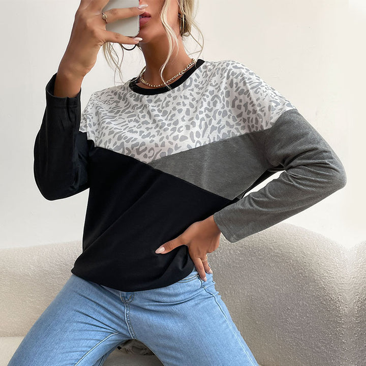 Kvinders fashionable langærmet skjorte med kreativ leopardprint og blokstriber Stilla