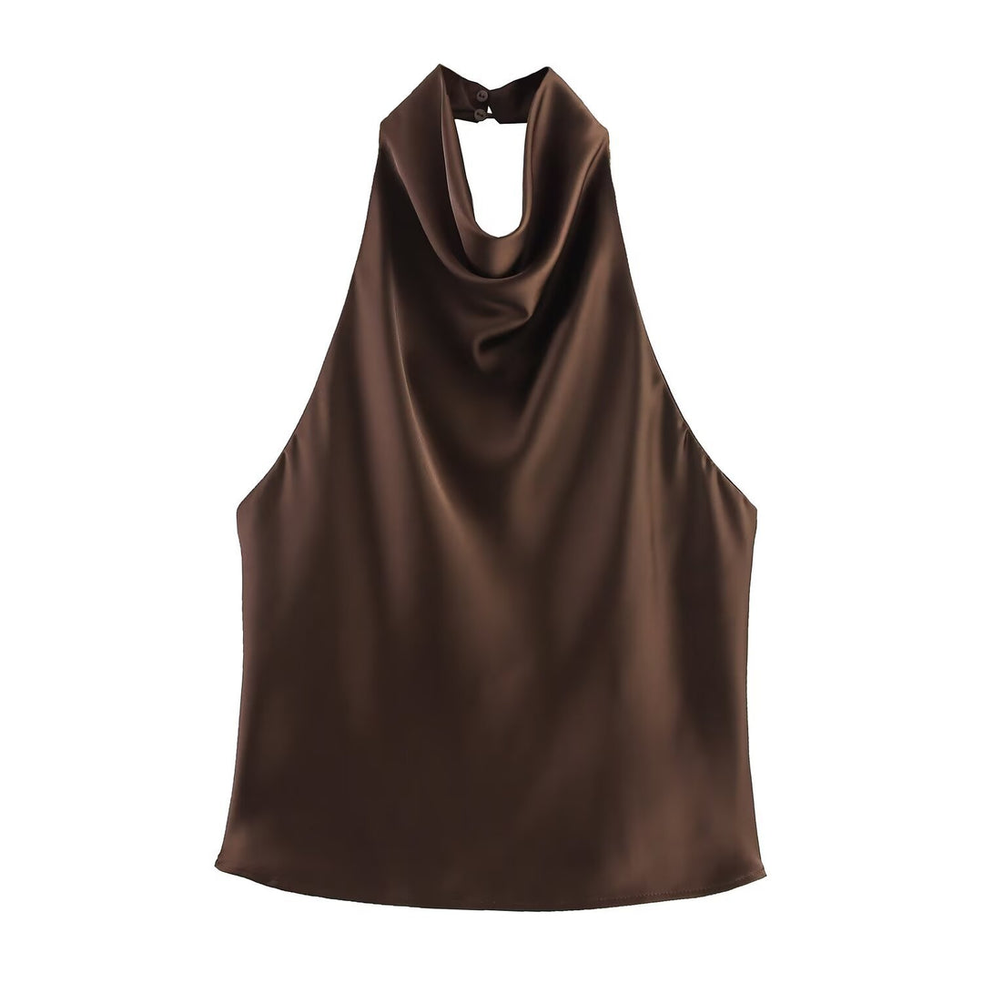 Dame elegant halterneck top med flydende snit og dekorative detaljer Skovae