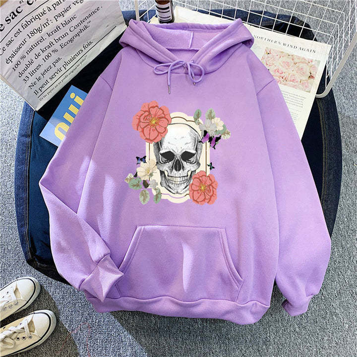 Kvindernes hættetrøje med kreativt kranium og blomst design Skovae