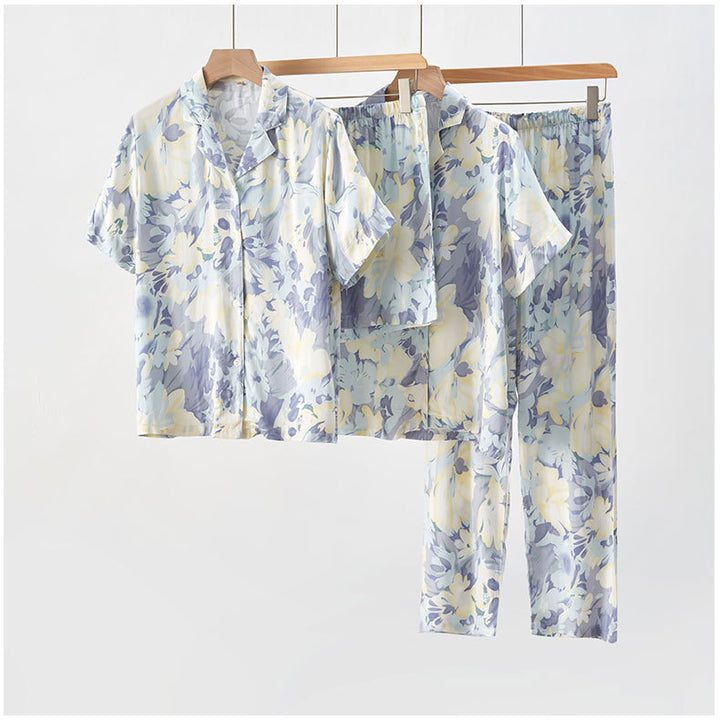 Dame Satin Pyjamas Sæt med blomster Mønstre og behagelig Pasform Stilla