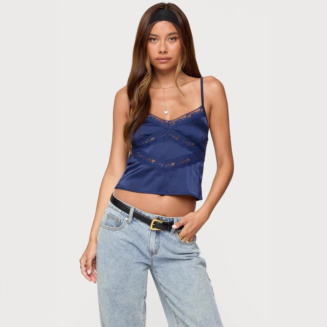 Damer Elegant Satin-Cami-Top med Spidsudsmykninger Skovae