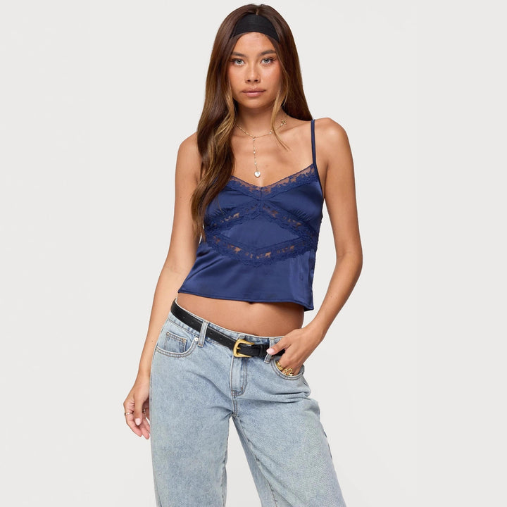 Damer Elegant Satin-Cami-Top med Spidsudsmykninger Skovae