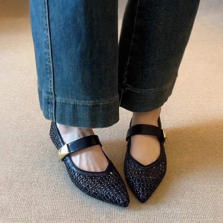 Dame Woven Spids Tå Mary Jane Flats med justerbar rem Stilla