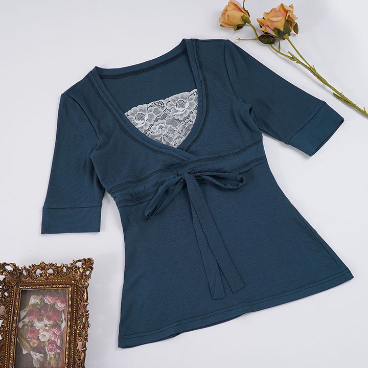 Damer wrap top med elegant sløjfe og dyb V-udskæring Skovae