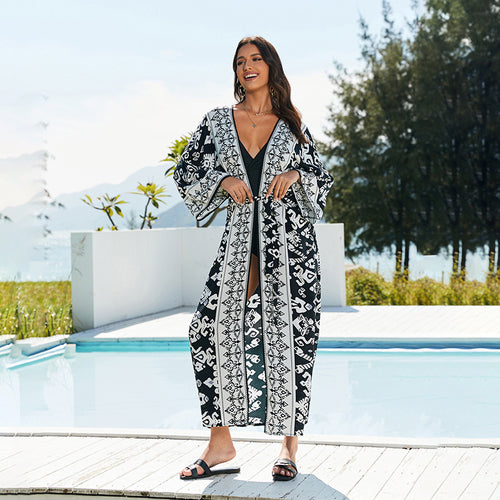 Dame Strandkimono med elegant, detaljeret mønstermix og lang pasform Stilla
