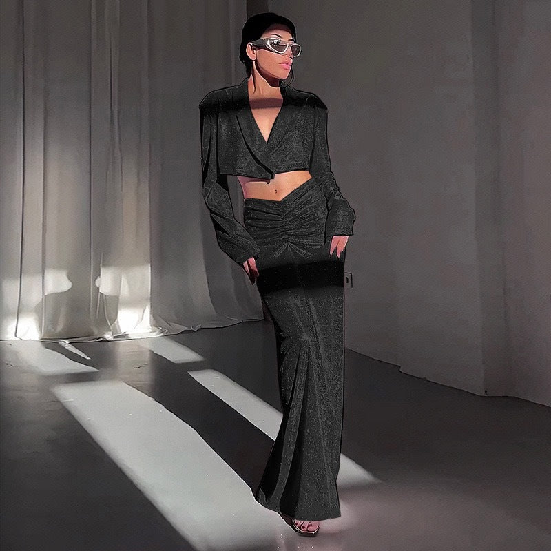 Dame Glitrende Crop-Top og Wrap-Skørt Sæt Skovae