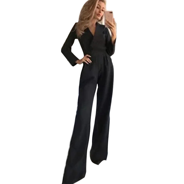 Dame jumpsuit i elegant businessstil med dyb V-hals og bredt ben Stilla