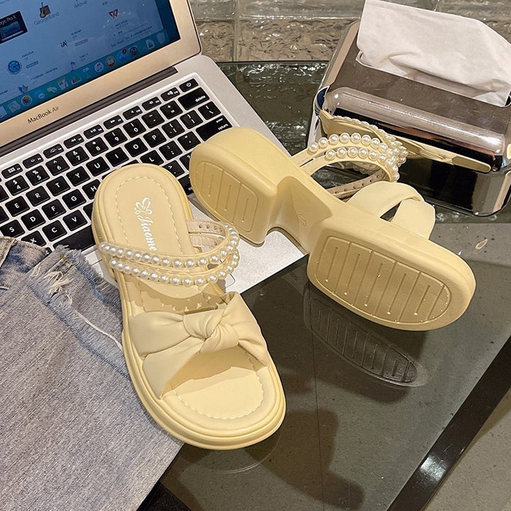 Dame Mode-sandaler med elegant sløjfe-applikation og perle-dekoration Stilla