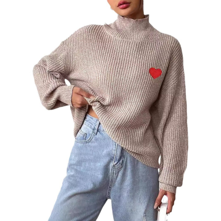 Dame rullekrave sweater med hjerteapplikation og løs pasform Stilla