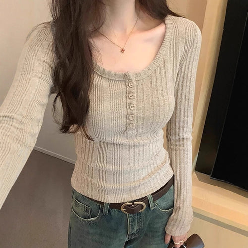 Dame fitted rib top med knapdetalje