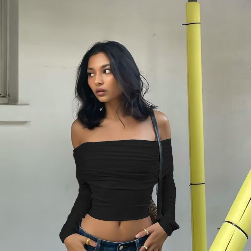 Dame Offshoulder Crop-Top med rynke Skovae