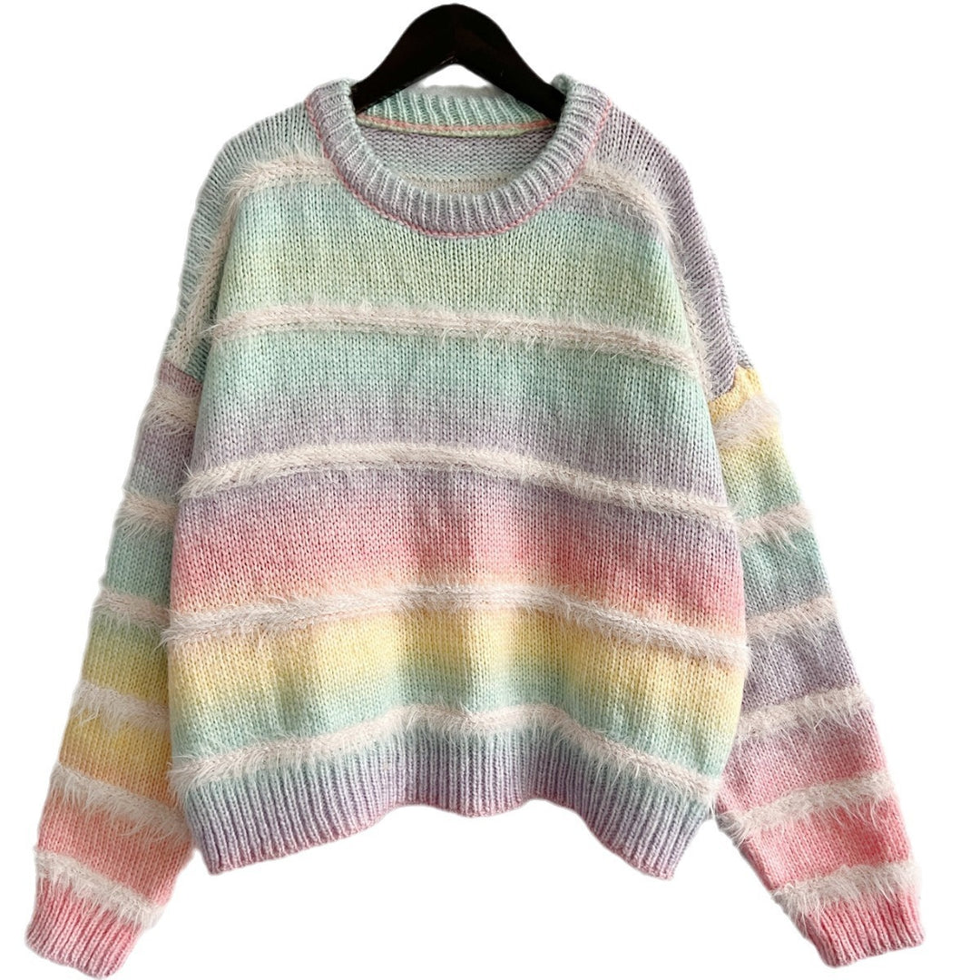 Dame hyggelig striktrøje med blød farvegradient og fluffy tekstur Stilla