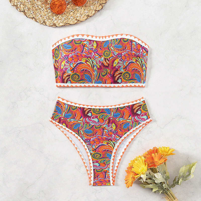 Damer Bandeau-bikini-sæt med blomsterdesign og raffinerede trim-detaljer Stilla