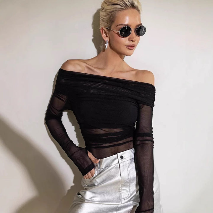 Dame Offshoulder Langærmet Top i transparentt netmateriale Skovae