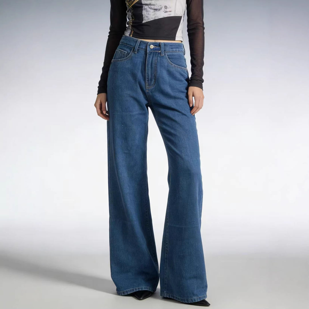 Dame bredde Denim-bukser med vintage-vask og høj talje Skovae