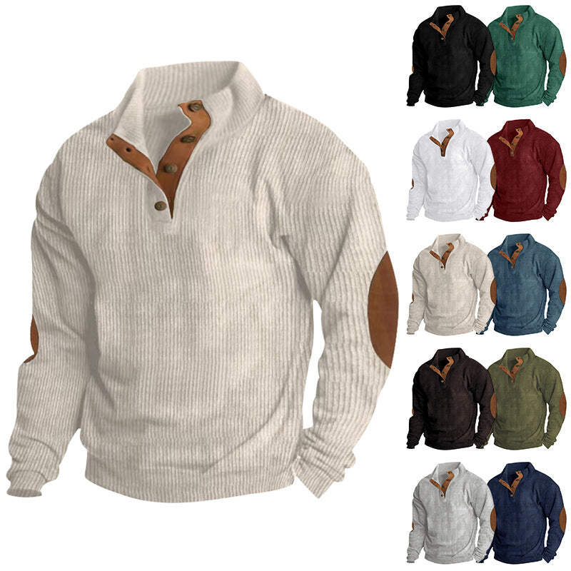 Herren nan ribbet bomuldsblanding pullover med ståkrave, knapliste og læderlook albuelapper Skovae
