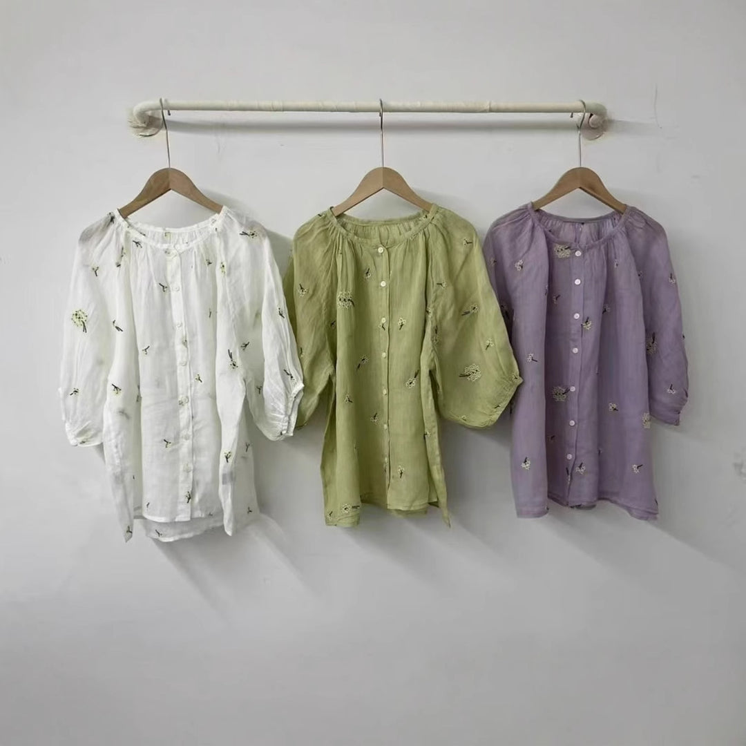 Dame Bestickt Oversize Knapbluse Stilla