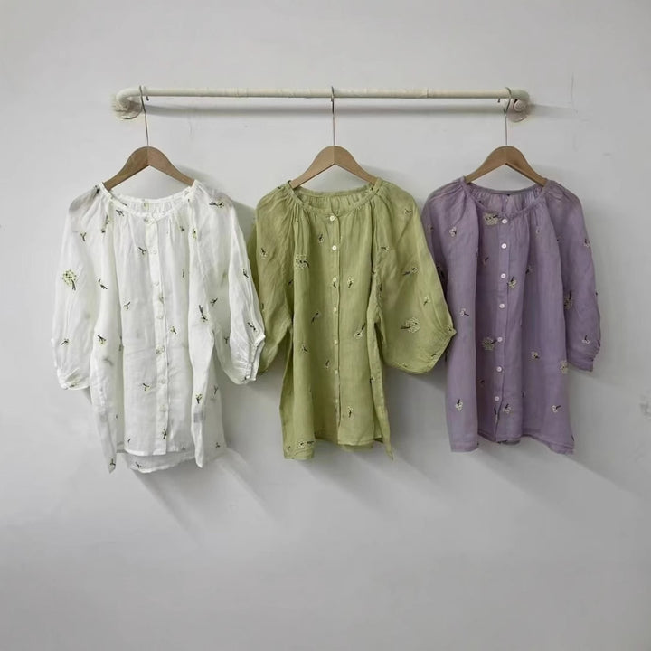 Dame Bestickt Oversize Knapbluse Stilla