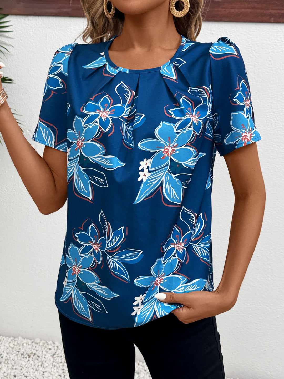 Dame folder blomster mønster top Stilla