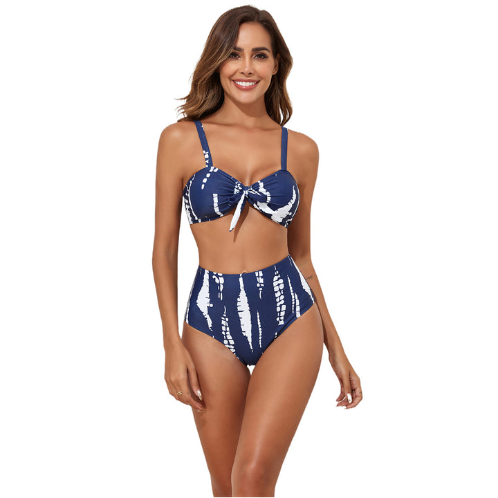Dame High-Waist-bikini-sæt med stilfuld knude-design og kontrasterende mønstre Stilla