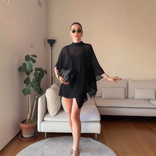 Kvindernes elegante chiffon tunika med asymmetrisk skæring og flydende design Skovae